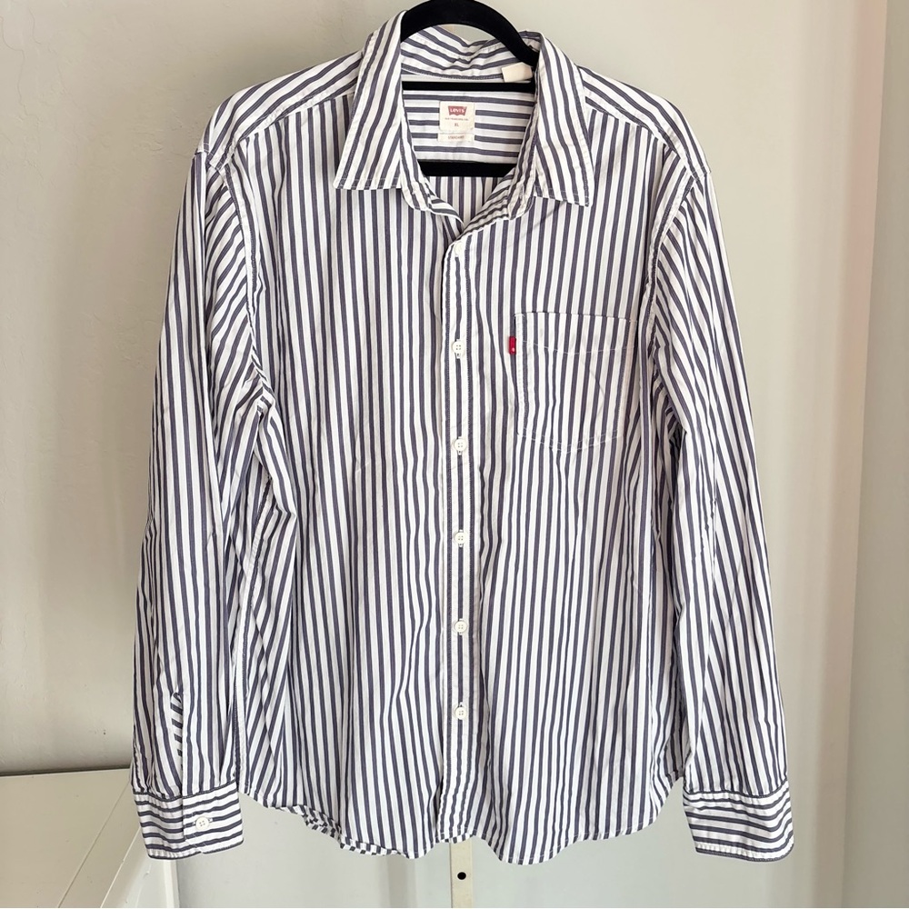 3/$30⚡️Levi’s Standard Fit White Purple Stripe Long Sleeve Collared Shirt, XL